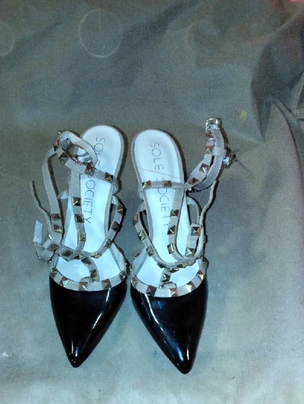Sole Society Black Patent Pointed-Toe Studded Strappy Heels with Beige Straps